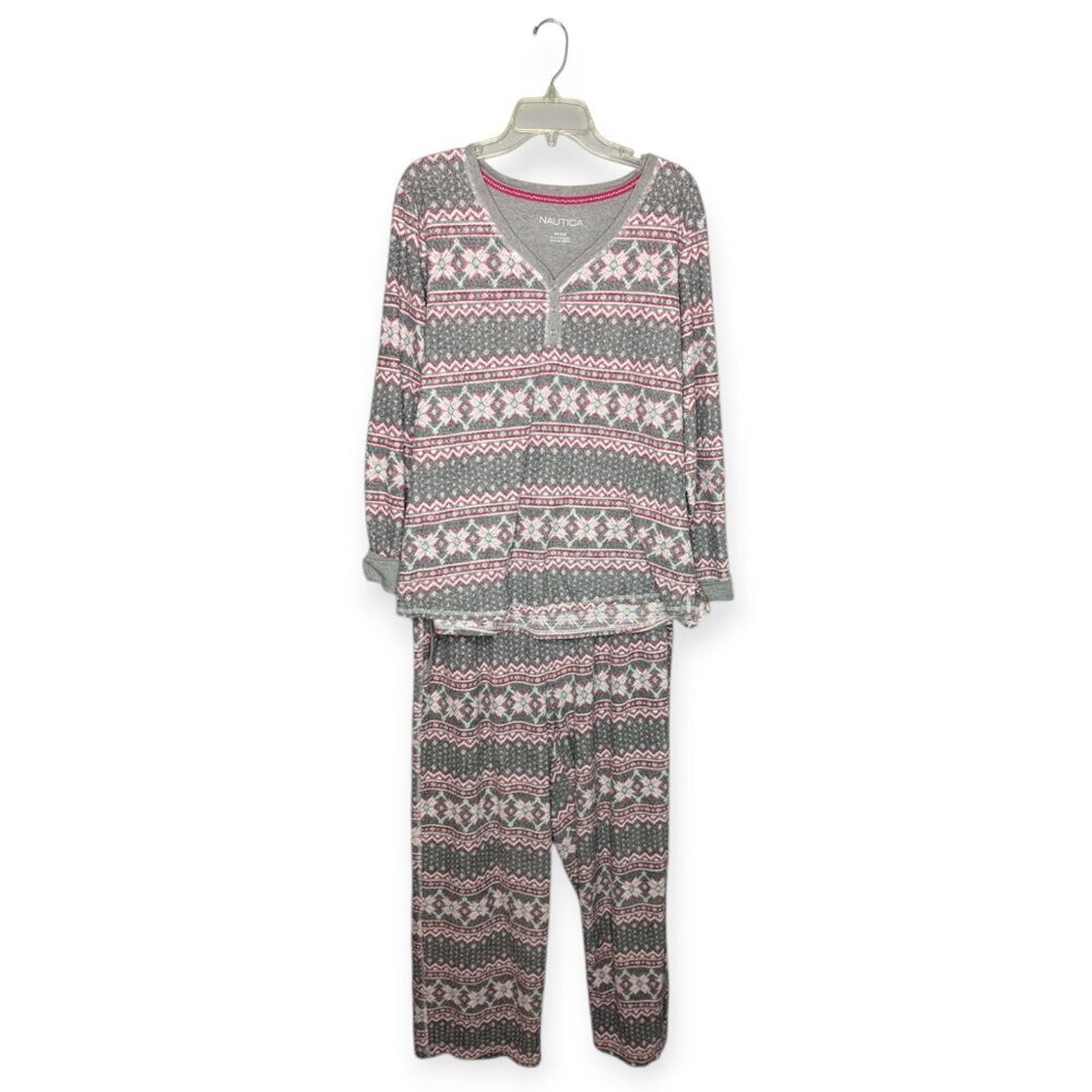 Nautica Winter Themed Red White Gray Women Fleece Pajamas 2 Piece Set Size XXL